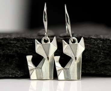 Origami Fox dangle earrings. Silver hand painted and gilded.